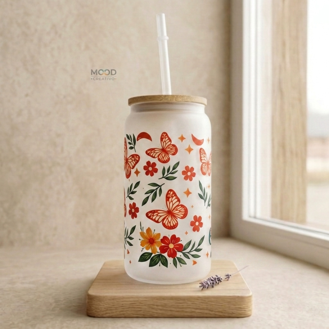 Vaso de Vidrio Esmerilado con Tapa de Bambú