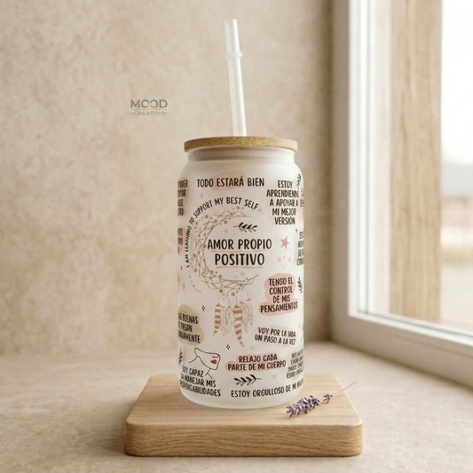 Vaso de Vidrio Esmerilado con Tapa de Bambú