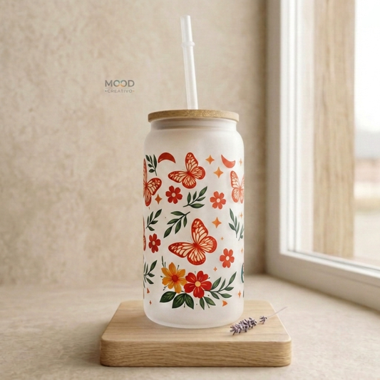 Vaso de Vidrio Esmerilado con Tapa de Bambú