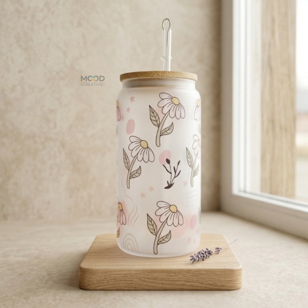 Vaso de Vidrio Esmerilado con Tapa de Bambú