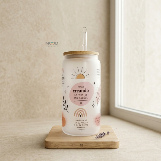 Vaso de Vidrio Esmerilado con Tapa de Bambú